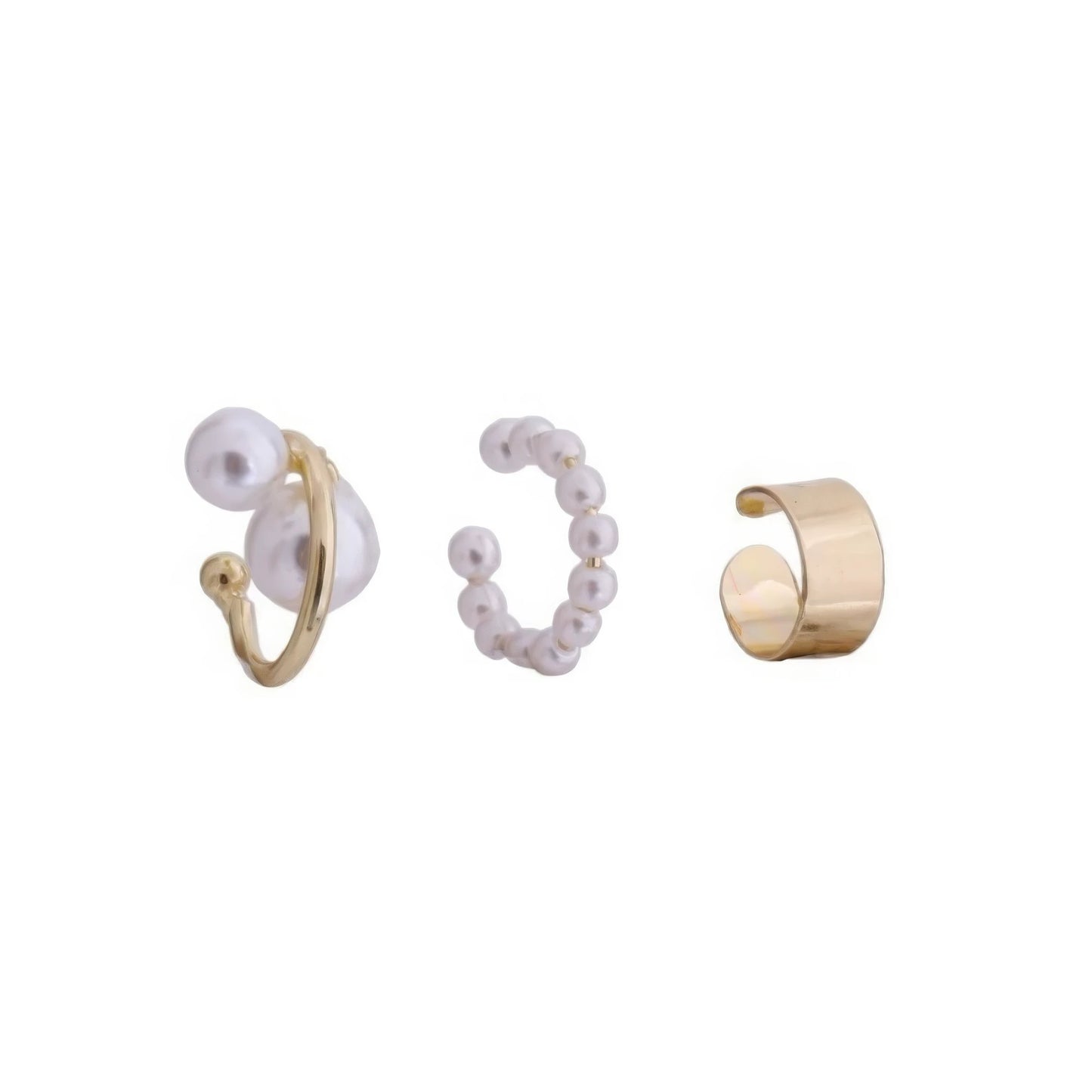 3 - piece vintage elegant pearl ear cuff set, isolated on white background, showcasing pearl and gold designs
