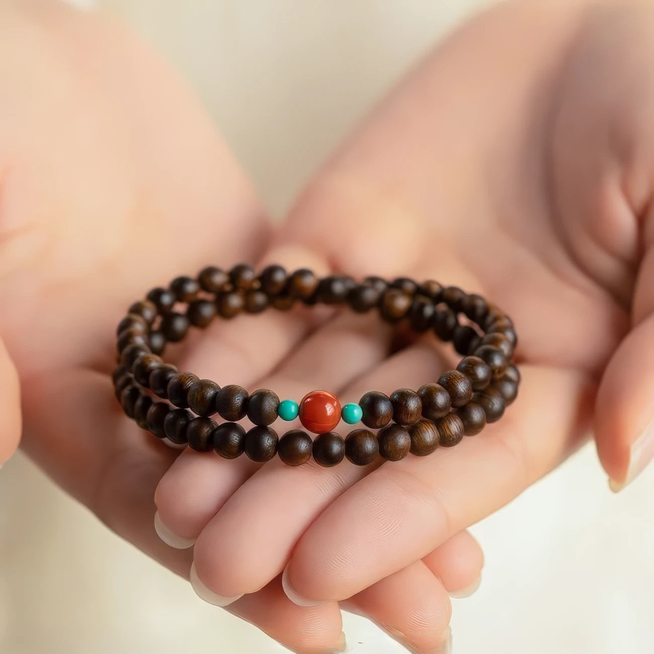 Agarwood double - layer bracelet held gently, highlighting the texture of the agarwood beads.