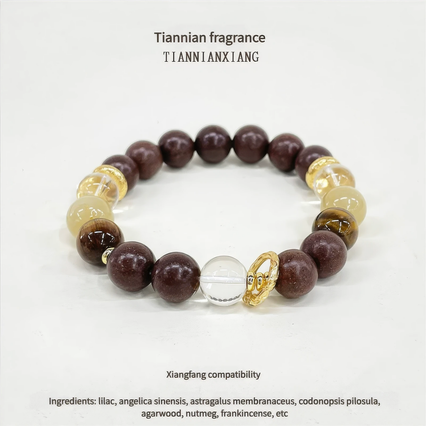 Astragalus formula medicinal incense bead bracelet on a white background with text about its fragrance.