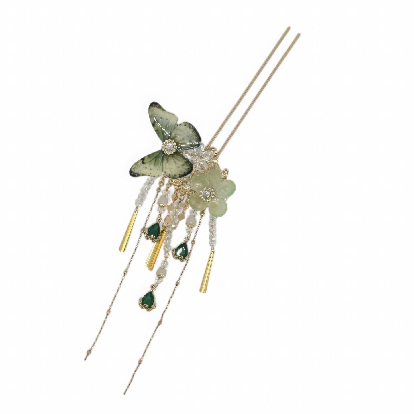 Single green translucent butterfly flower hairpin laid flat, thin metal pins and emerald accent tassels clearly displayed.