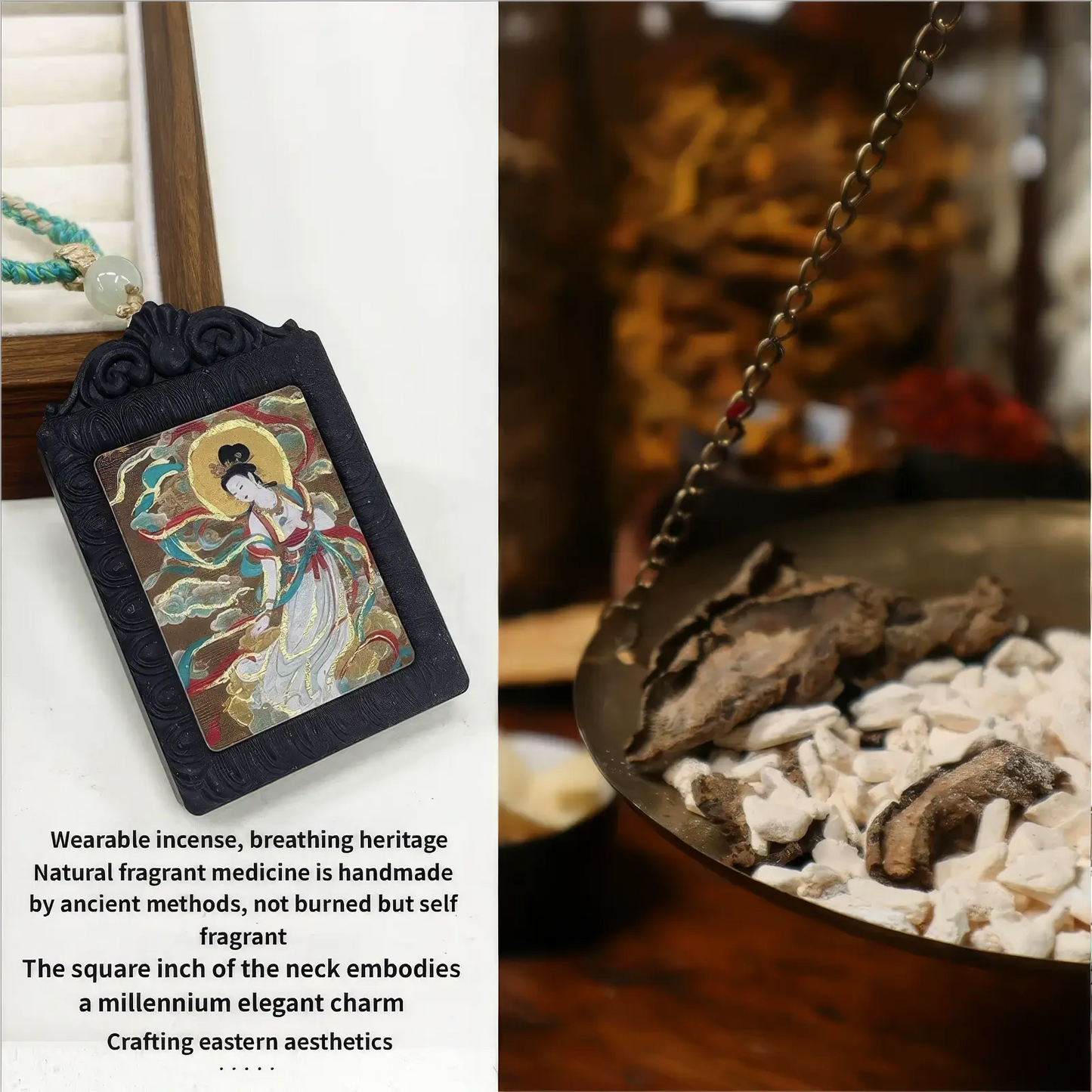 Chang'e Flying to the Moon Thangka incense pendant presented against a traditional - style background, emphasizing the wearable incense concept, natural fragrant medicine origin, and eastern aesthetics.