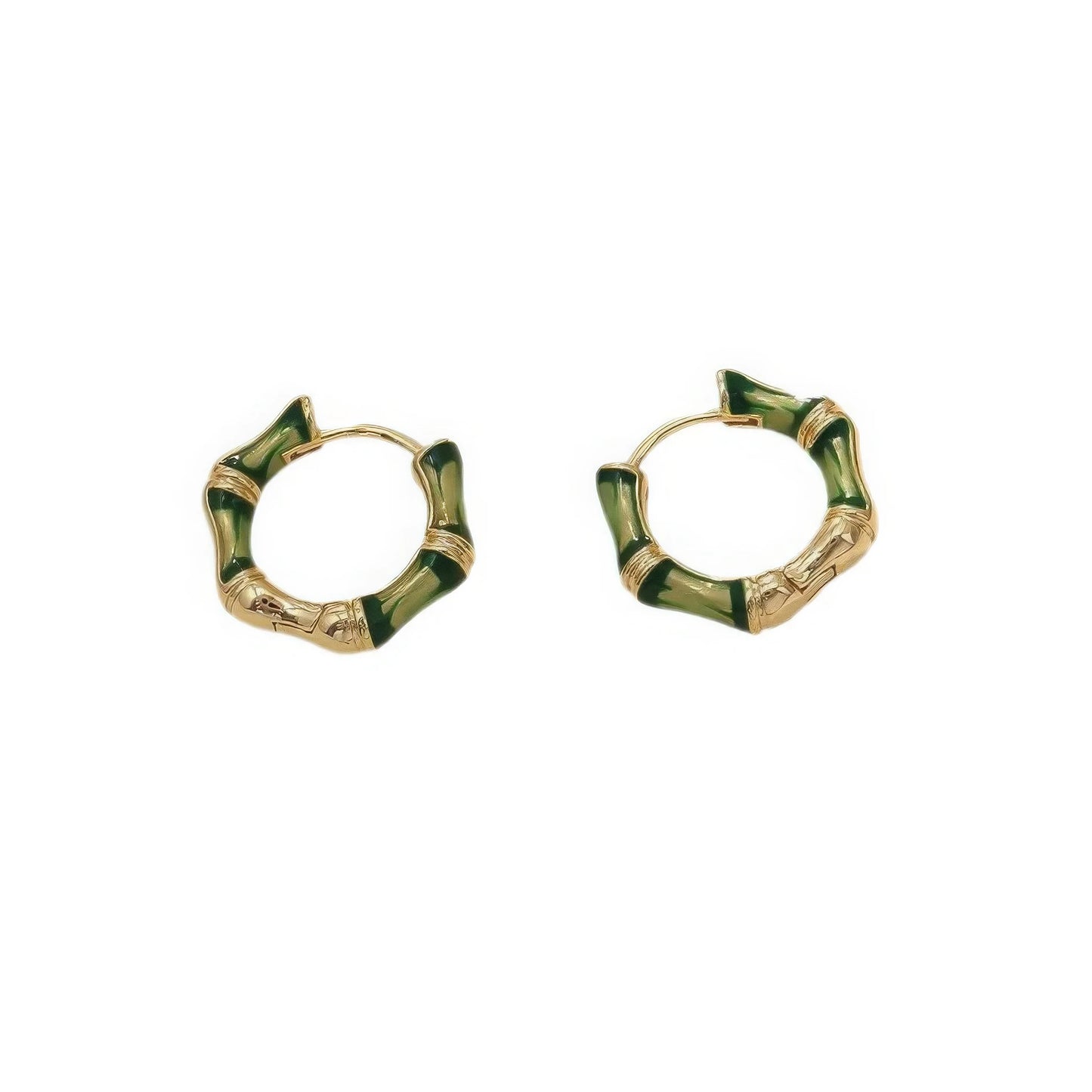 Pair of Chinese - style bamboo knot enamel earrings, isolated on white background, showcasing the green and gold bamboo - knot design.