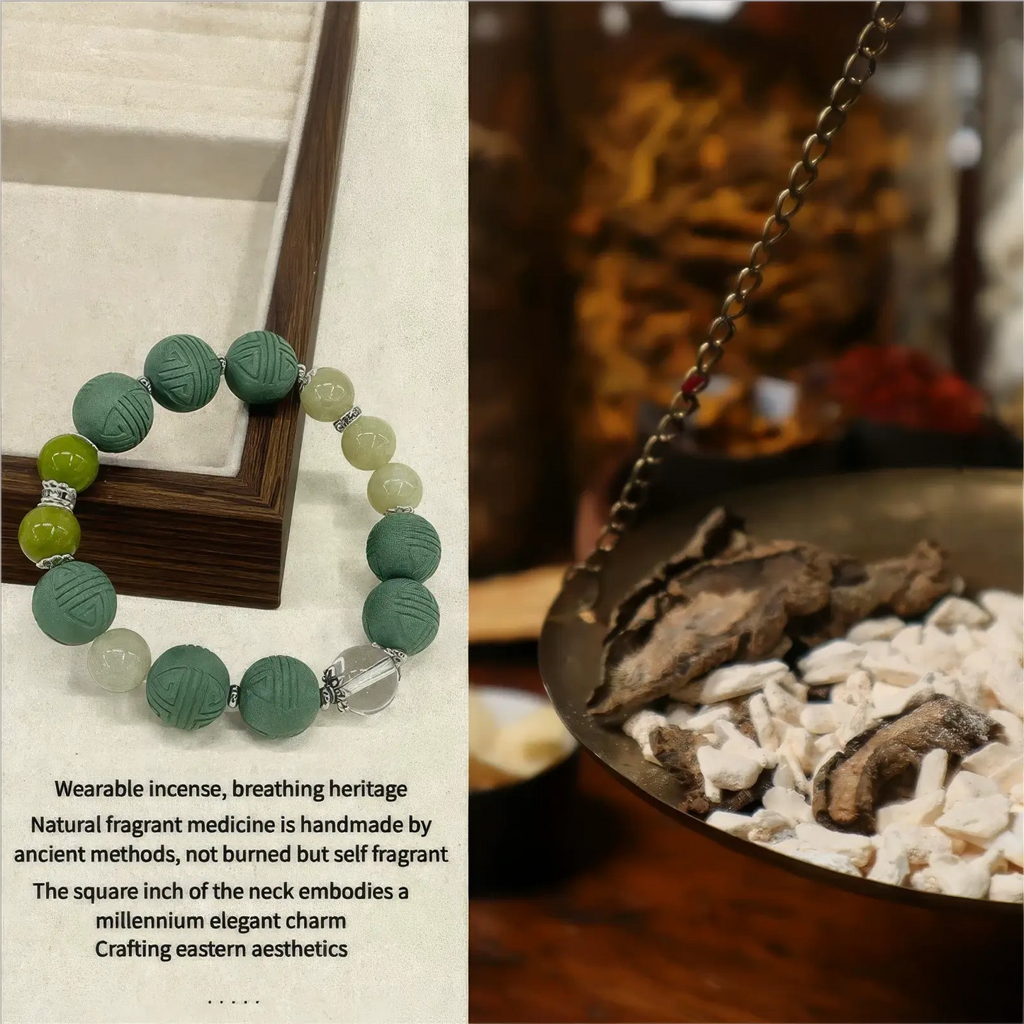 Clear - mind longevity character bead bracelet presented with a traditional - styled background, highlighting its natural and cultural aspects.