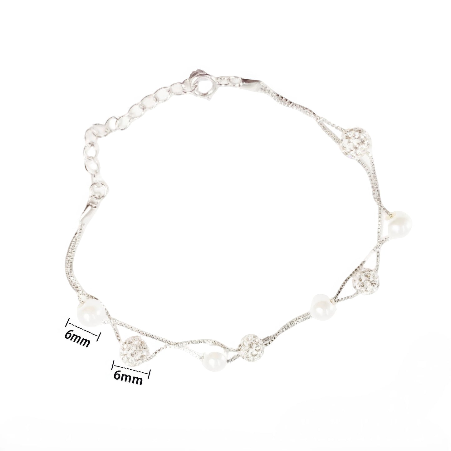 Double - layer pearl bracelet isolated on white background with size "8mm", "6mm" labels