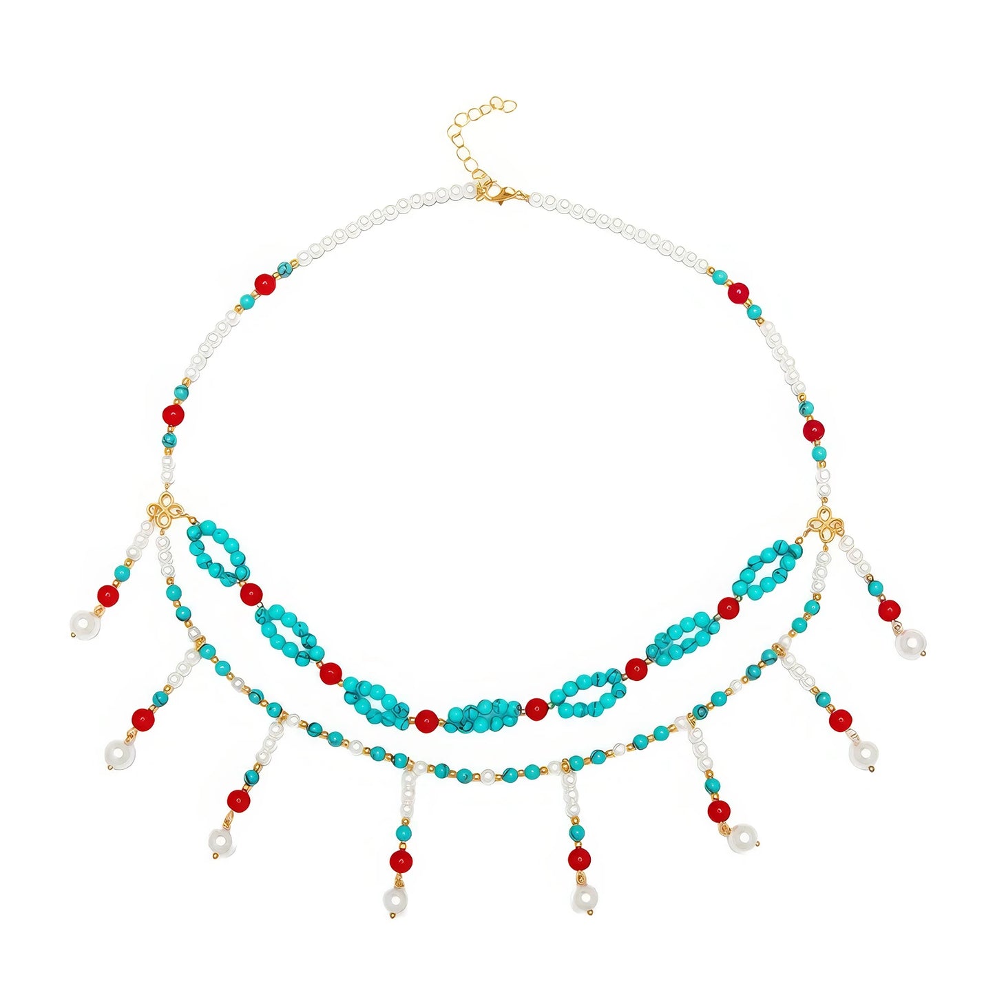 Design sketch of the double - layer turquoise Yiluo necklace, showing the overall structure with turquoise, red beads, and pearl pendants, and a gold - toned clasp.