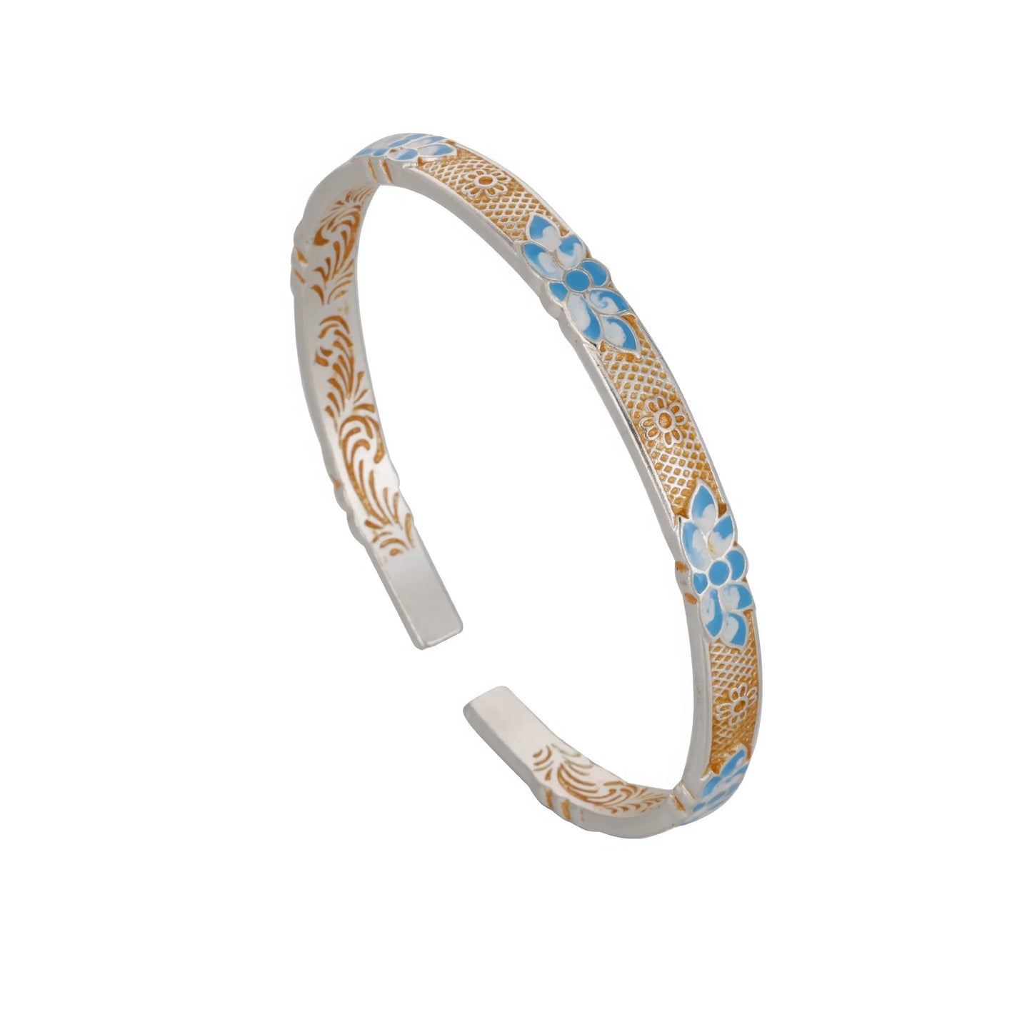 Enamel blue lotus bracelet isolated on white background.