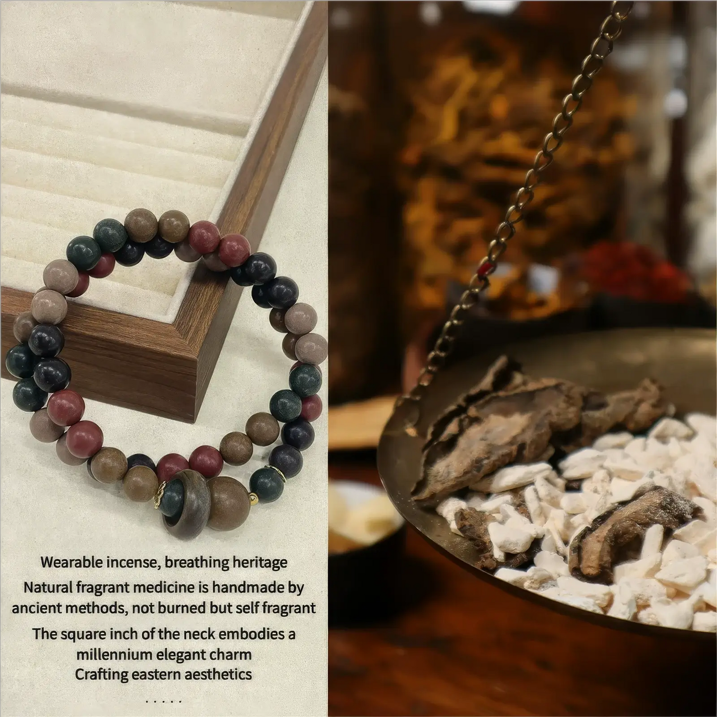 Five - direction natural incense bead double - loop bracelet presented with a traditional - style background, emphasizing its natural and traditional Chinese medicine - related aspects.