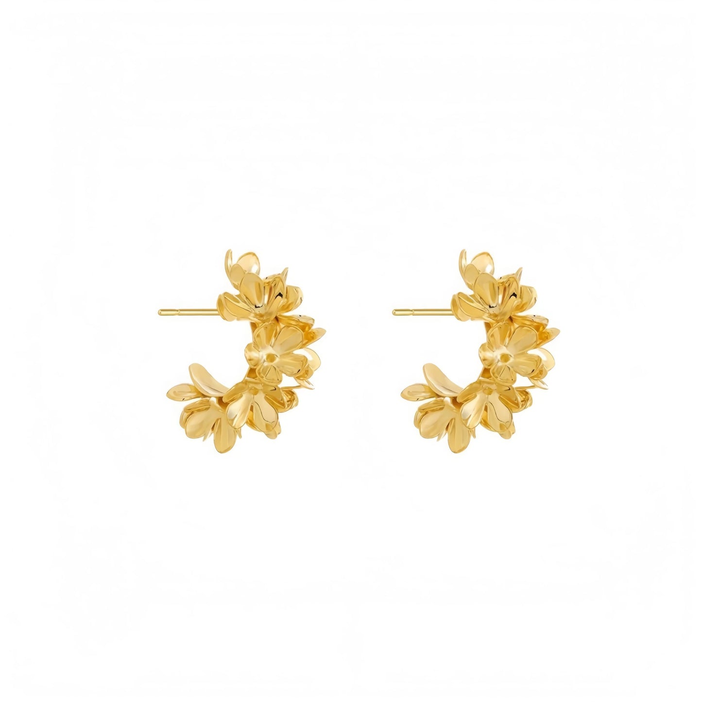 Pair of gold floral curved earrings, isolated on white background, showcasing the delicate, flower - clustered design