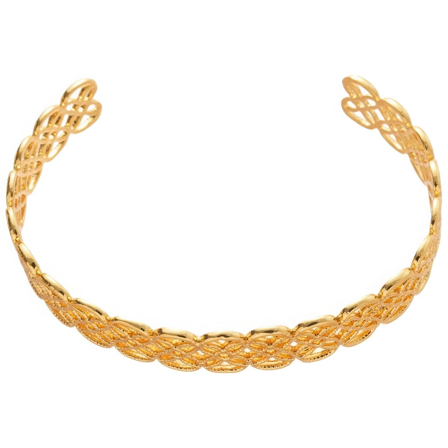 Gold flower hollow - out open bracelet isolated on white background.