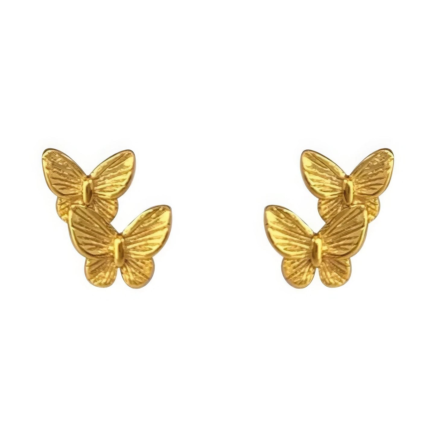 Pair of gold butterfly stud earrings isolated on white background