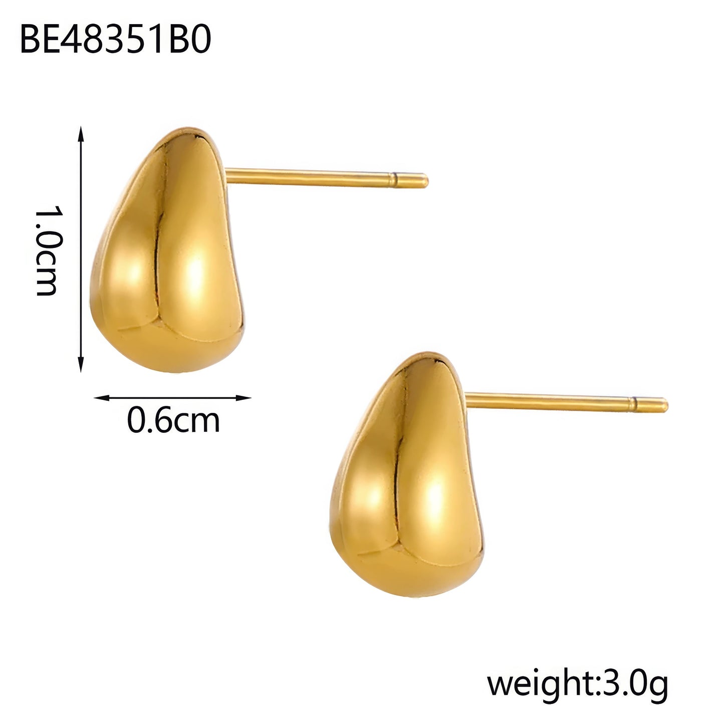 Gold teardrop heart stud earrings BE48351B0, size 1.0cm×0.6cm, weight 3.0g