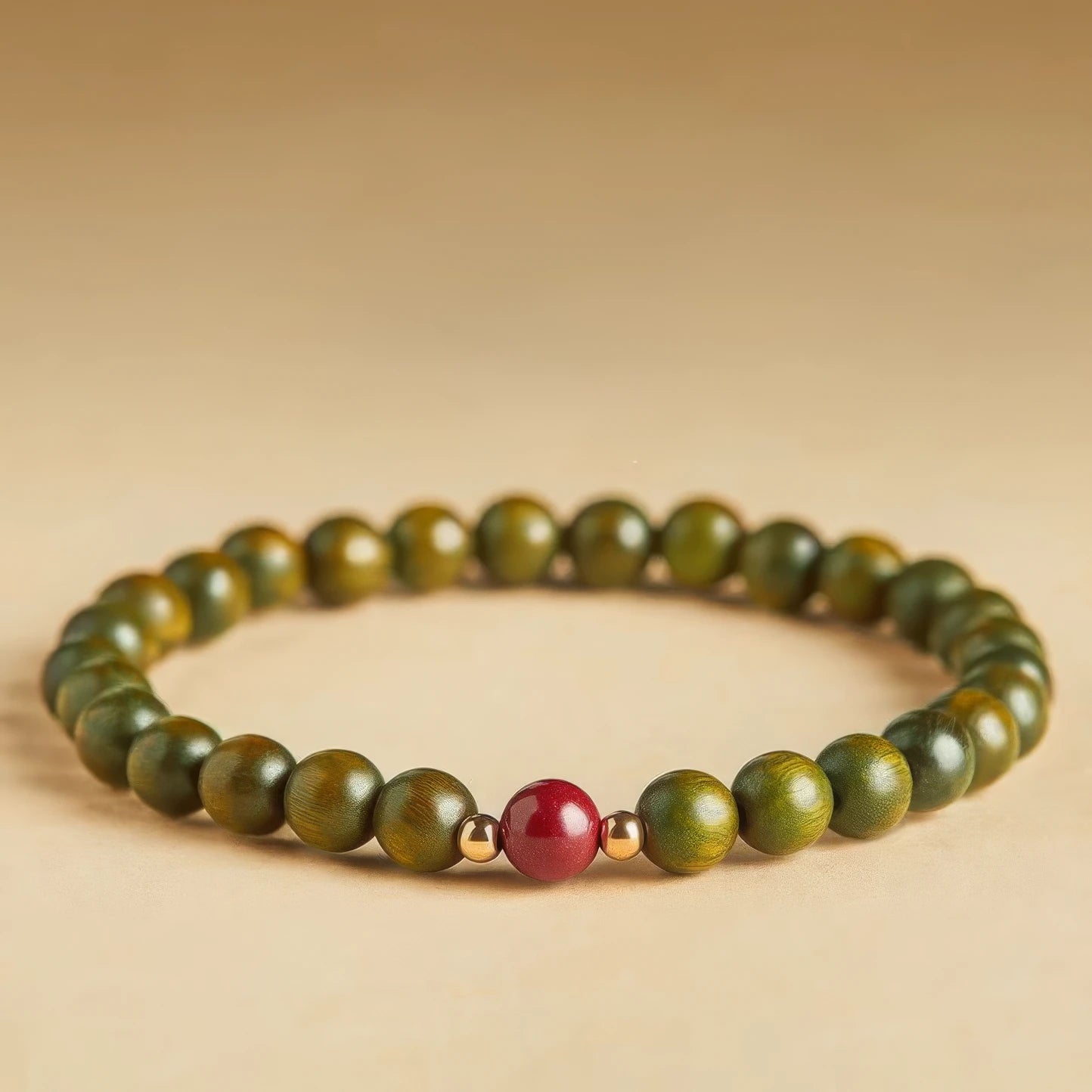 Green sandalwood bead bracelet with a single cinnabar bead accent, placed on a light - colored surface.