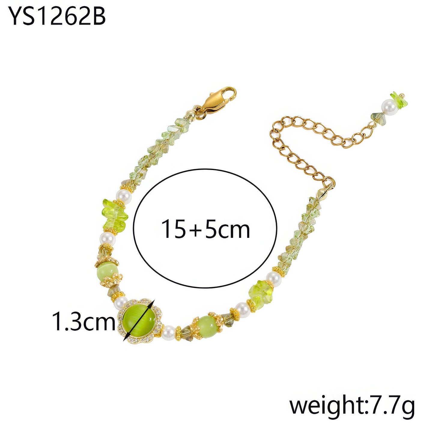 Handmade beaded bracelet with green beads, featuring size detail "15 + 5cm", isolated on white background