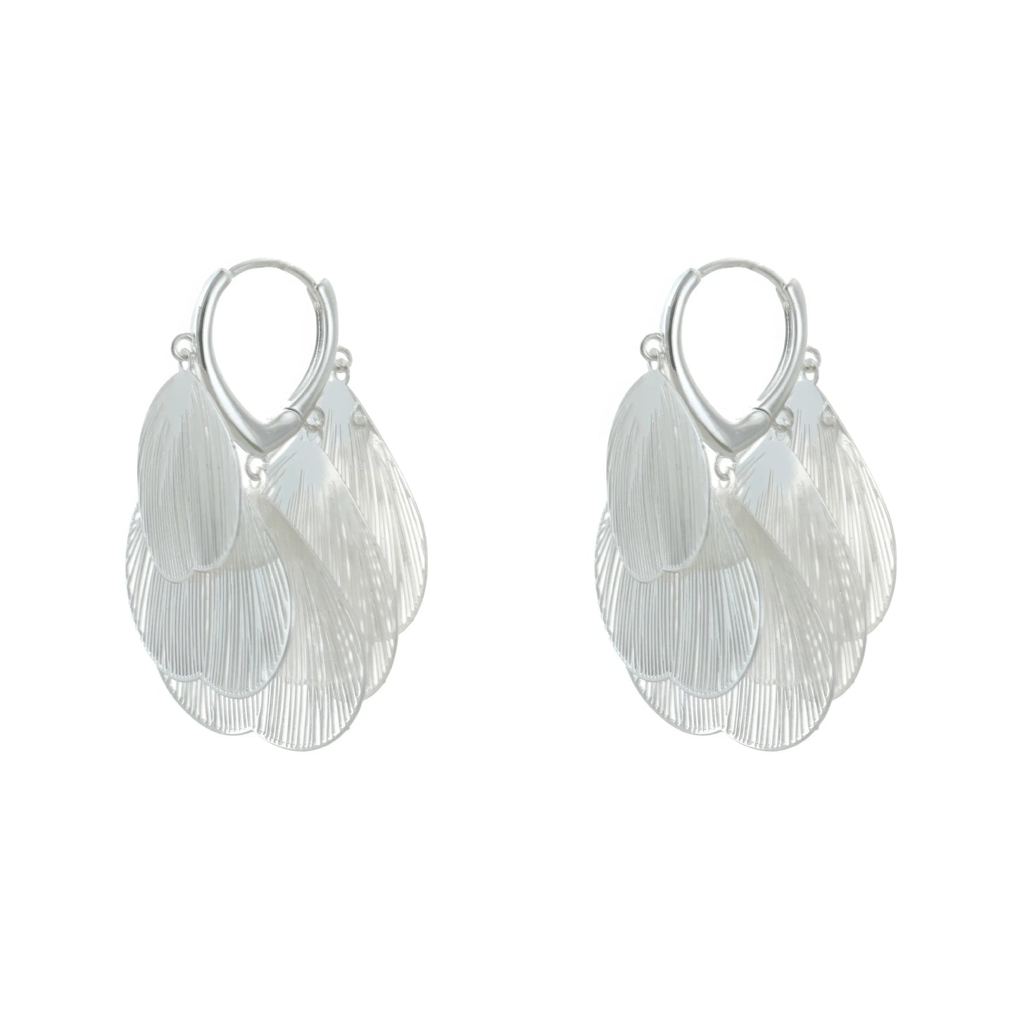 Pair of silver hollow petal - shaped tassel earrings, isolated on white background, highlighting the intricate, layered petal structure