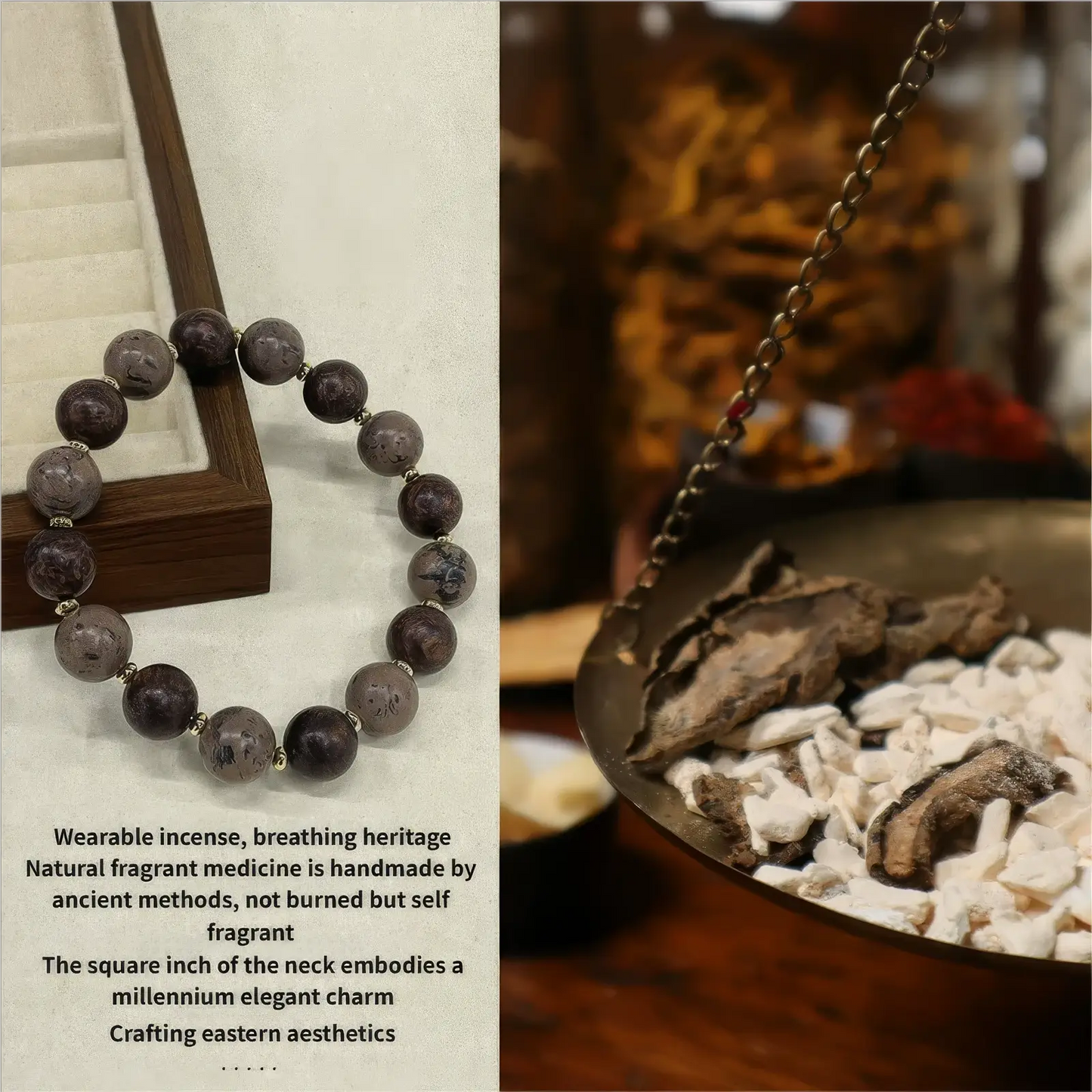 Huanli natural Chinese medicine incense bead bracelet presented with a traditional - style background, emphasizing its wearable incense concept, natural fragrant medicine origin, and eastern aesthetics.