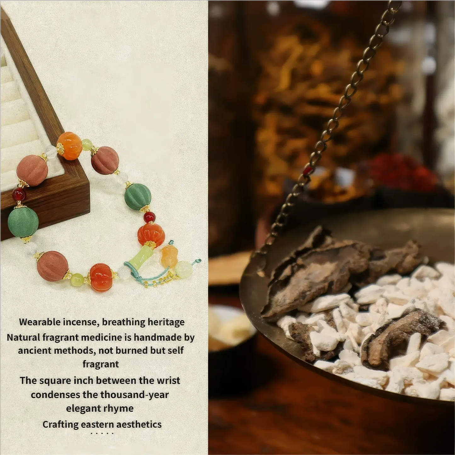 Jinguanafu incense bead bracelet presented against a traditional - style background, emphasizing its handmade natural fragrant medicine origin.