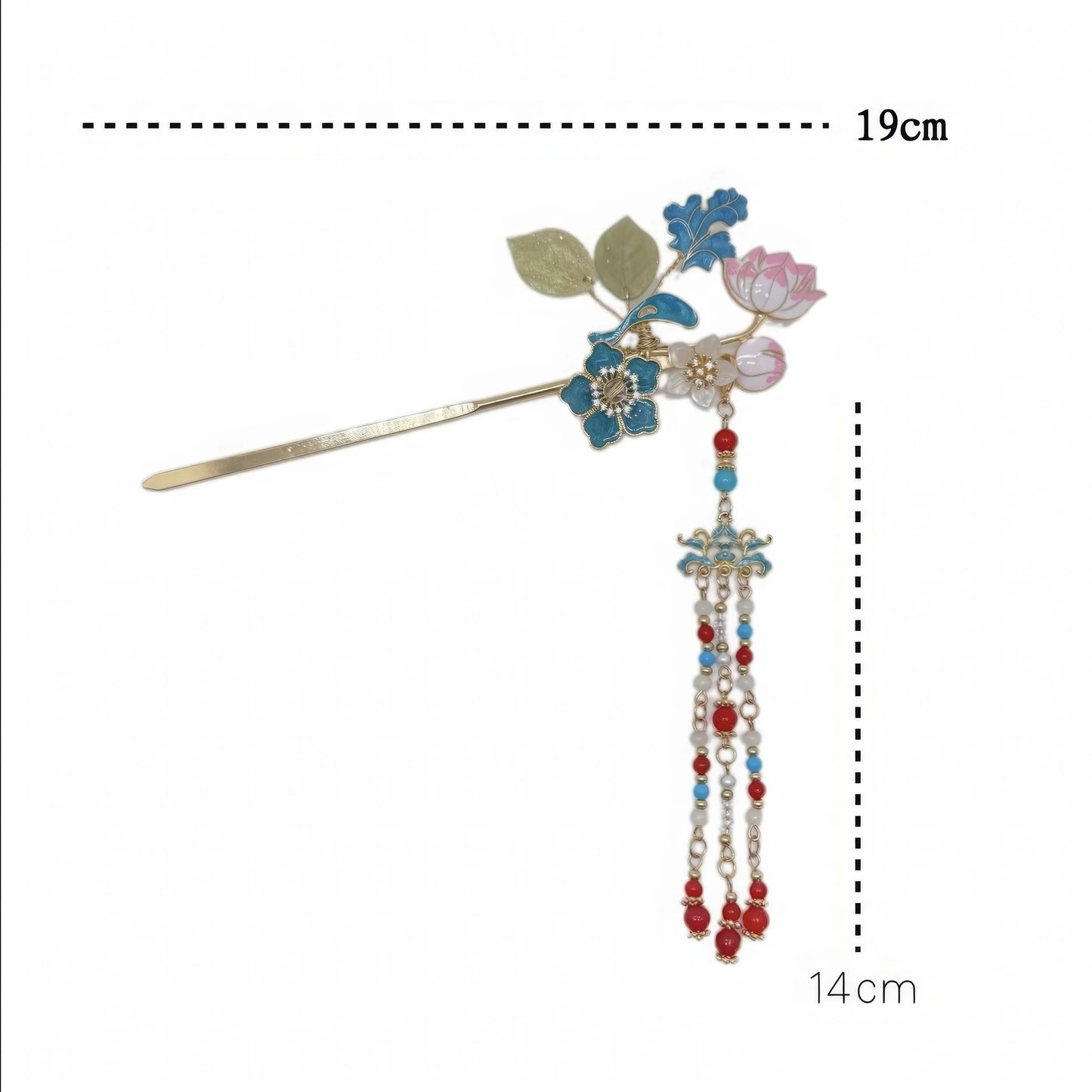 Diagram showing the hairpin’s dimensions (19cm total length, 14cm tassel drop), with clear measurements for the pin and tassel.