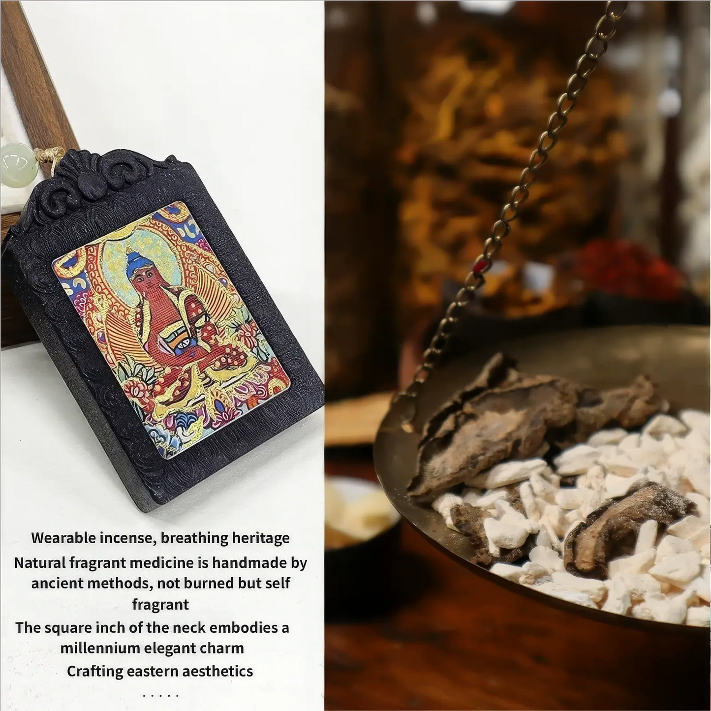 Mahavairocana Thangka incense pendant presented against a backdrop that highlights its traditional Chinese medicine and fragrant bead bracelet nature, emphasizing the use of natural fragrant materials and traditional craftsmanship.