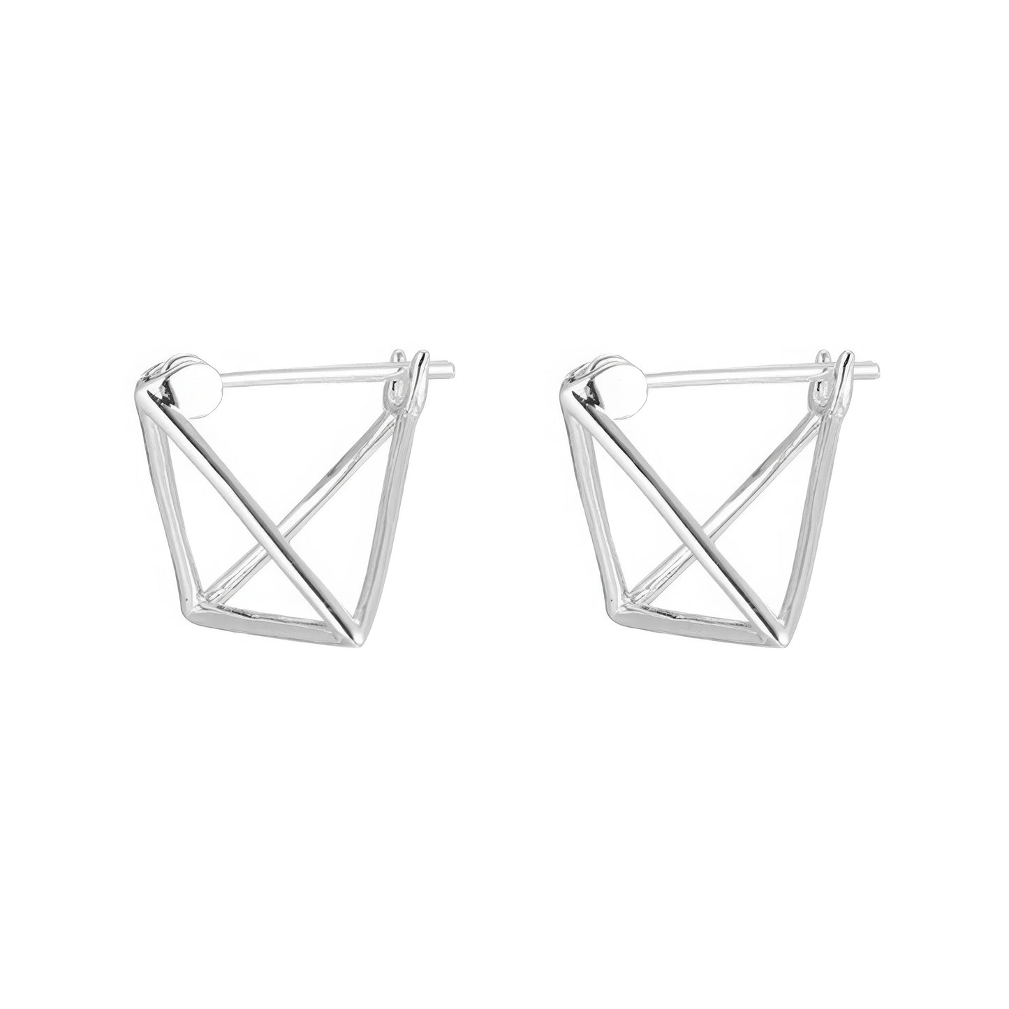 Pair of new geometric hollow diamond - square earrings, isolated on gray background, highlighting the unique open - work pattern.