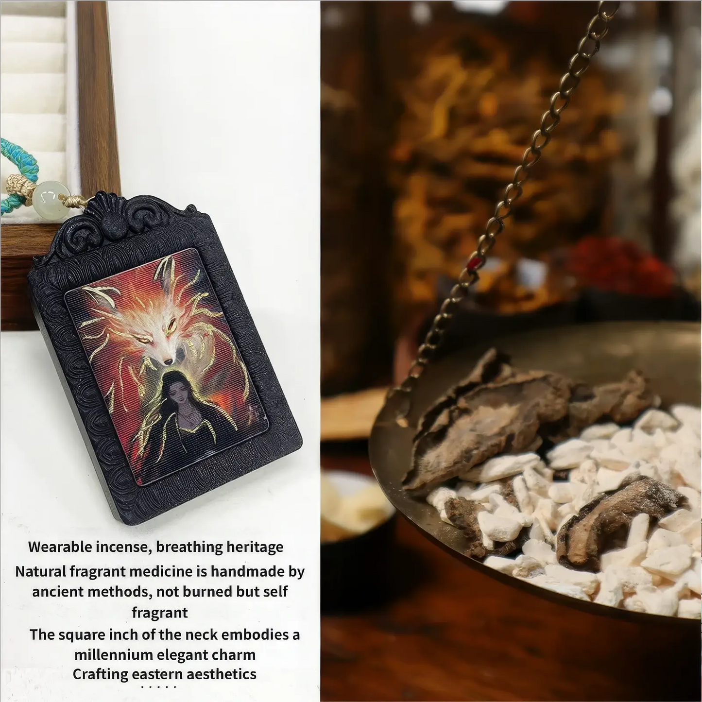 Past and present Thangka incense pendant presented with a traditional - style background, emphasizing its wearable incense concept, natural fragrant medicine origin, and eastern aesthetics.