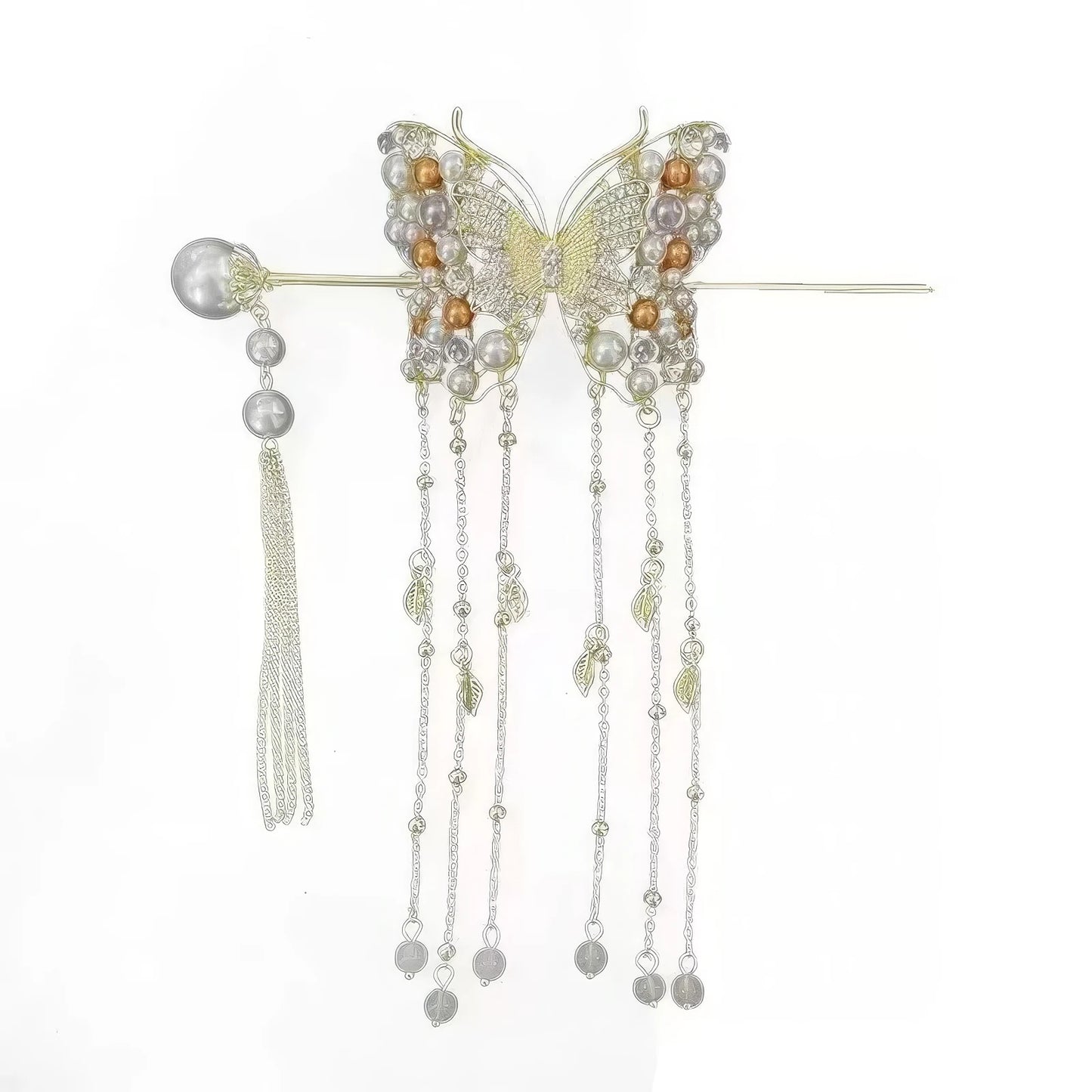 Silver-toned wire butterfly hairpin decorated with mixed pearls and crystal beads, matched with an independent pearl tassel hair stick, displayed on clean white background to show all delicate layered tassels with leaf pendants.
