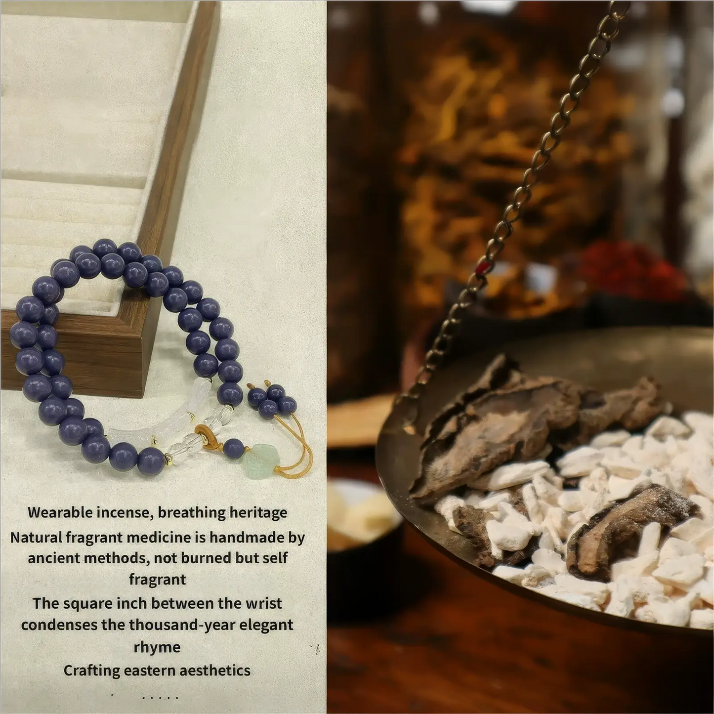 Purple - rhythm bamboo bracelet shown with a traditional - style background, emphasizing its wearable incense concept and natural fragrant medicine origin.