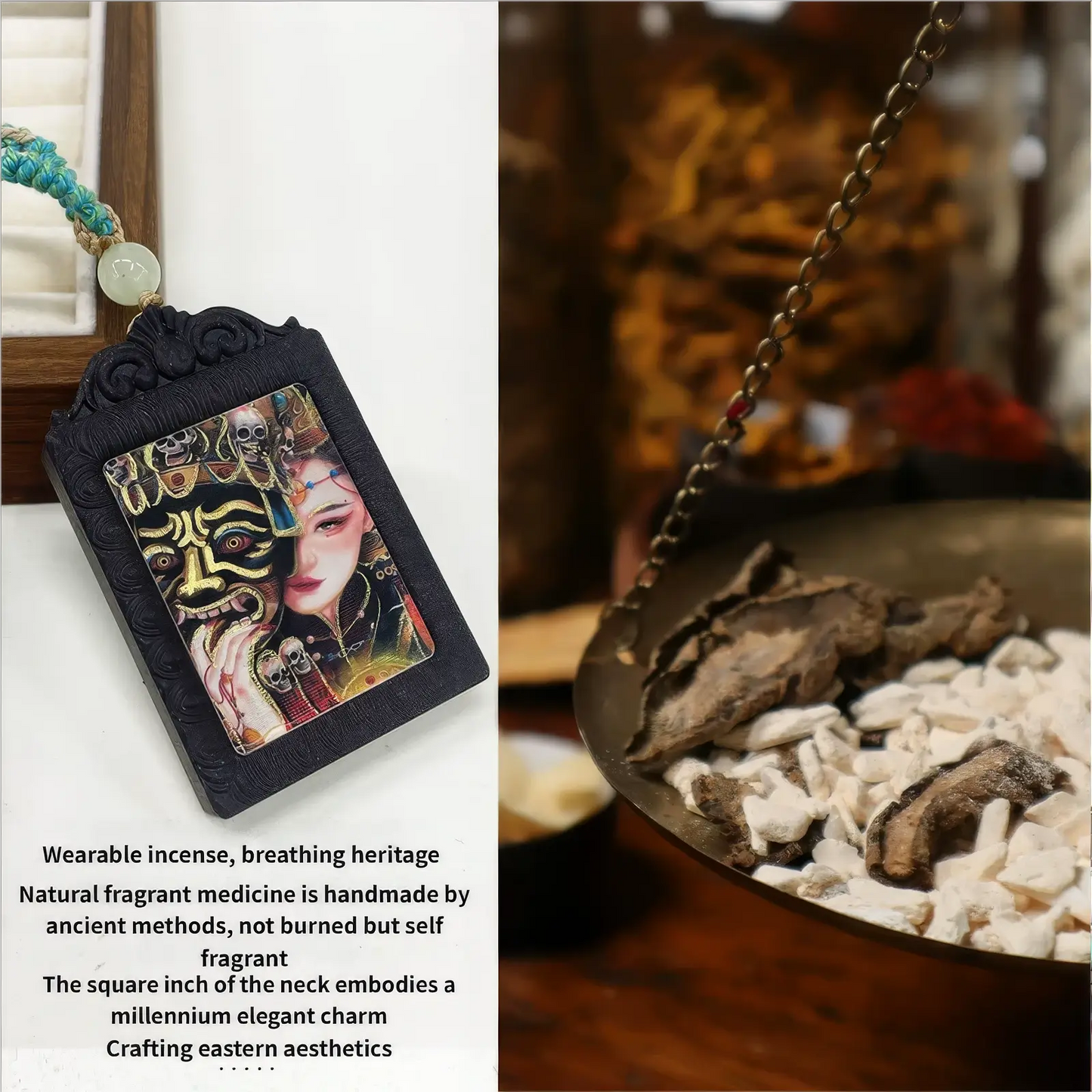 Qingqiu Nine - Tailed Thangka incense pendant shown with text titled "Black dragon saliva", detailing its xiangfang compatibility and ingredient list, including dragon's saliva, agarwood, and other natural fragrant materials.