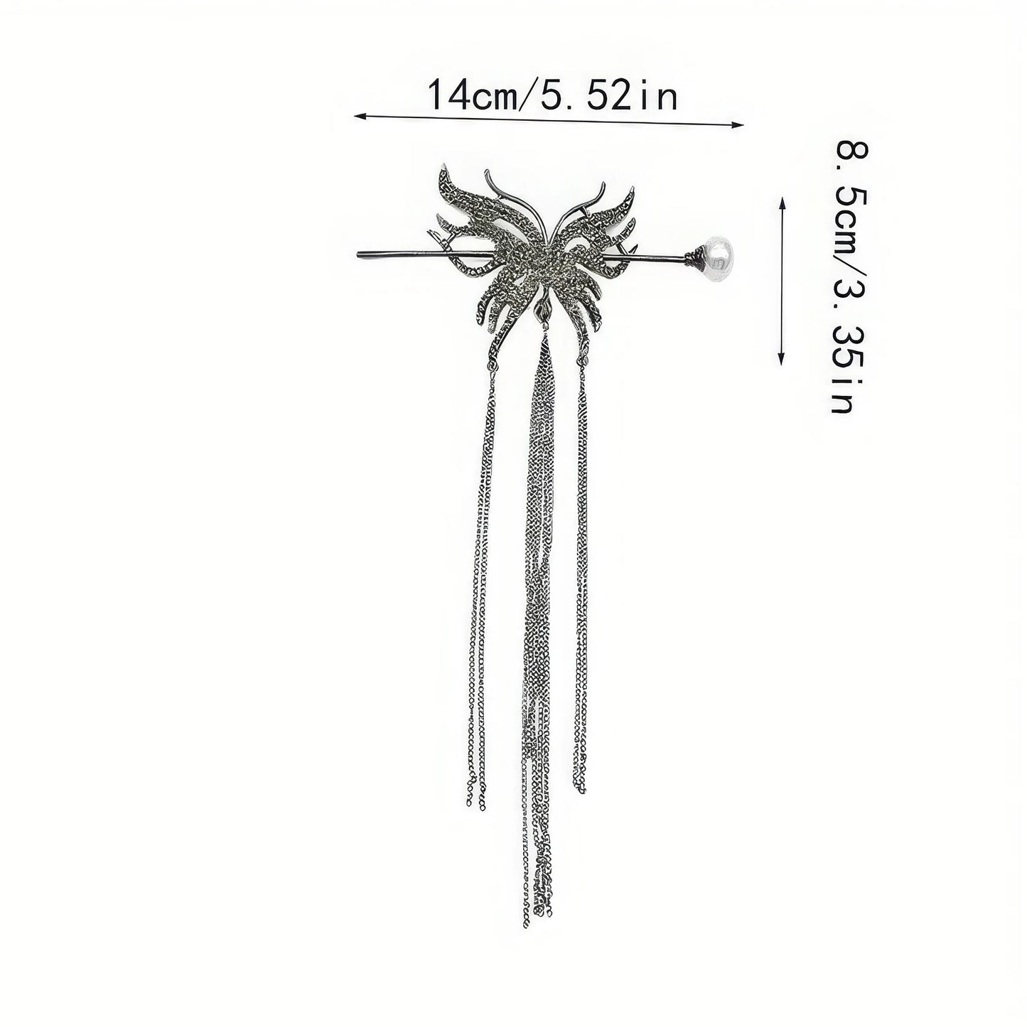 Dimension drawing of rhinestone butterfly tassel hairpin set, marked total length 14cm, height 8.5cm to show accurate product size parameters.