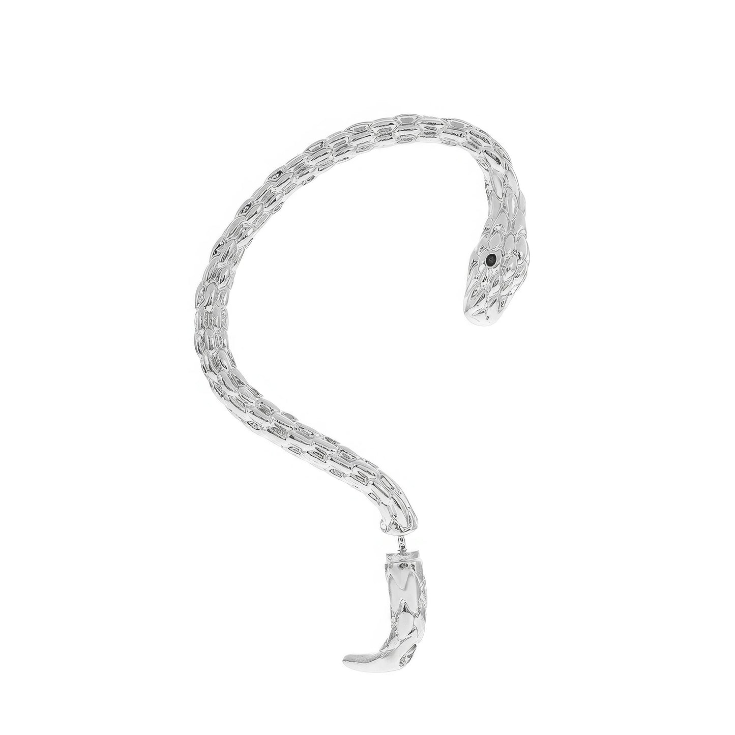 Silver snake - shaped ear cuff, designed to resemble a coiled snake, isolated on white background.