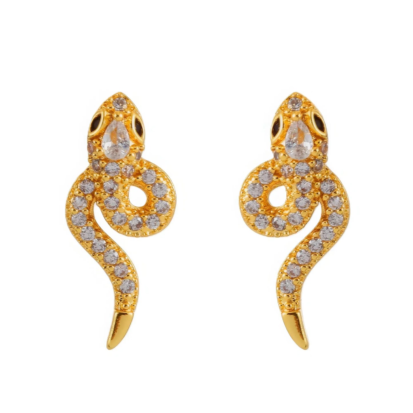 Pair of gold snake - shaped stud earrings, showcasing the zircon - encrusted, coiled snake design