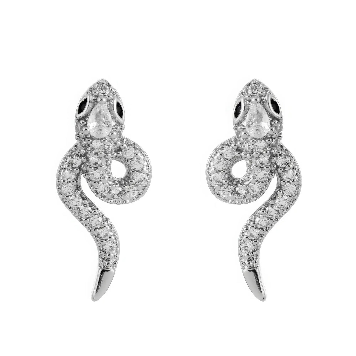 Pair of silver snake - shaped stud earrings, emphasizing the zircon - encrusted, coiled snake structure