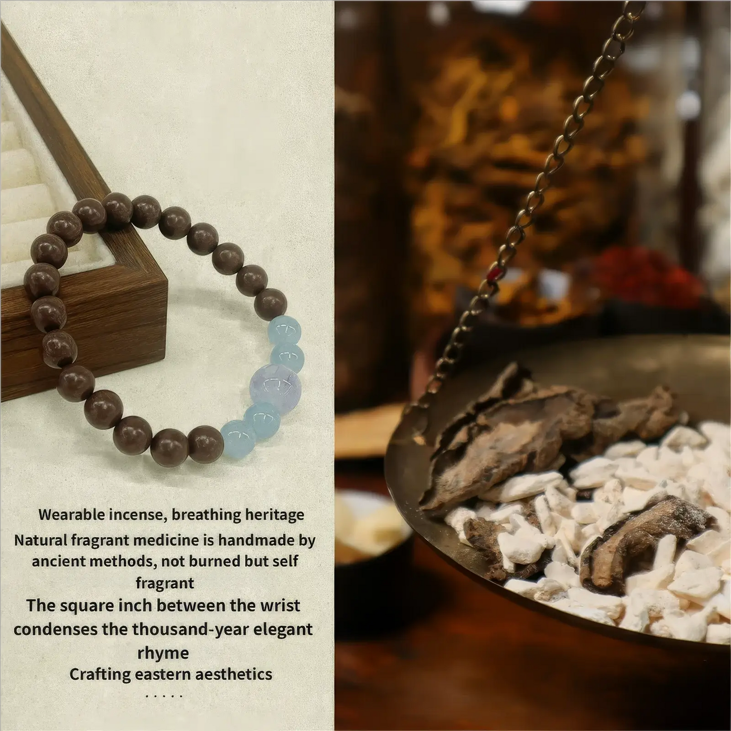 Starfall incense bead bracelet shown against a traditional - style background, emphasizing its natural fragrant medicine origin.
