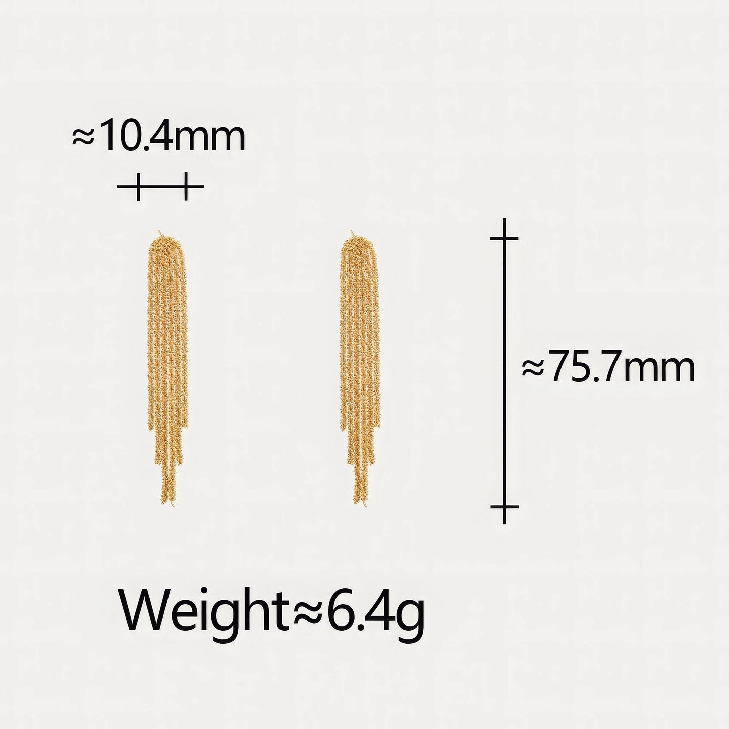 Gold tassel chain earrings with size (≈10.4mm × ≈75.7mm) and weight (≈6.4g) info, highlighting the delicate yet long design