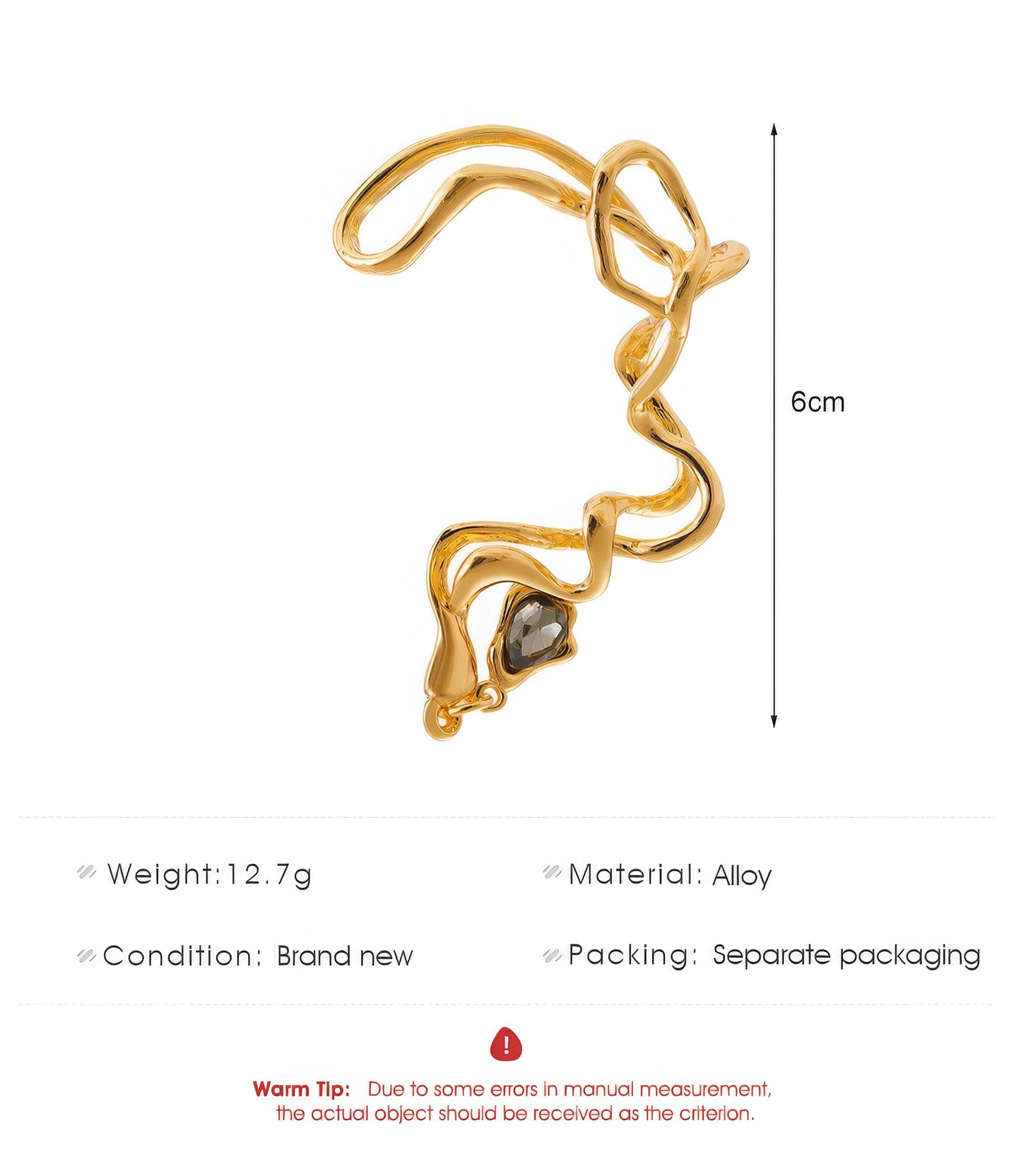 Gold - colored water drop wrapped ear clip with size (6cm) and product information, such as weight (12.7g) and material (alloy), isolated on white background.