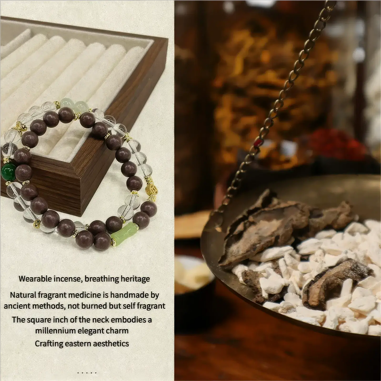 Yaochi Chinese medicine incense bead bracelet presented with a traditional - style background, such as traditional Chinese medicine ingredients or tools, to show its cultural context.