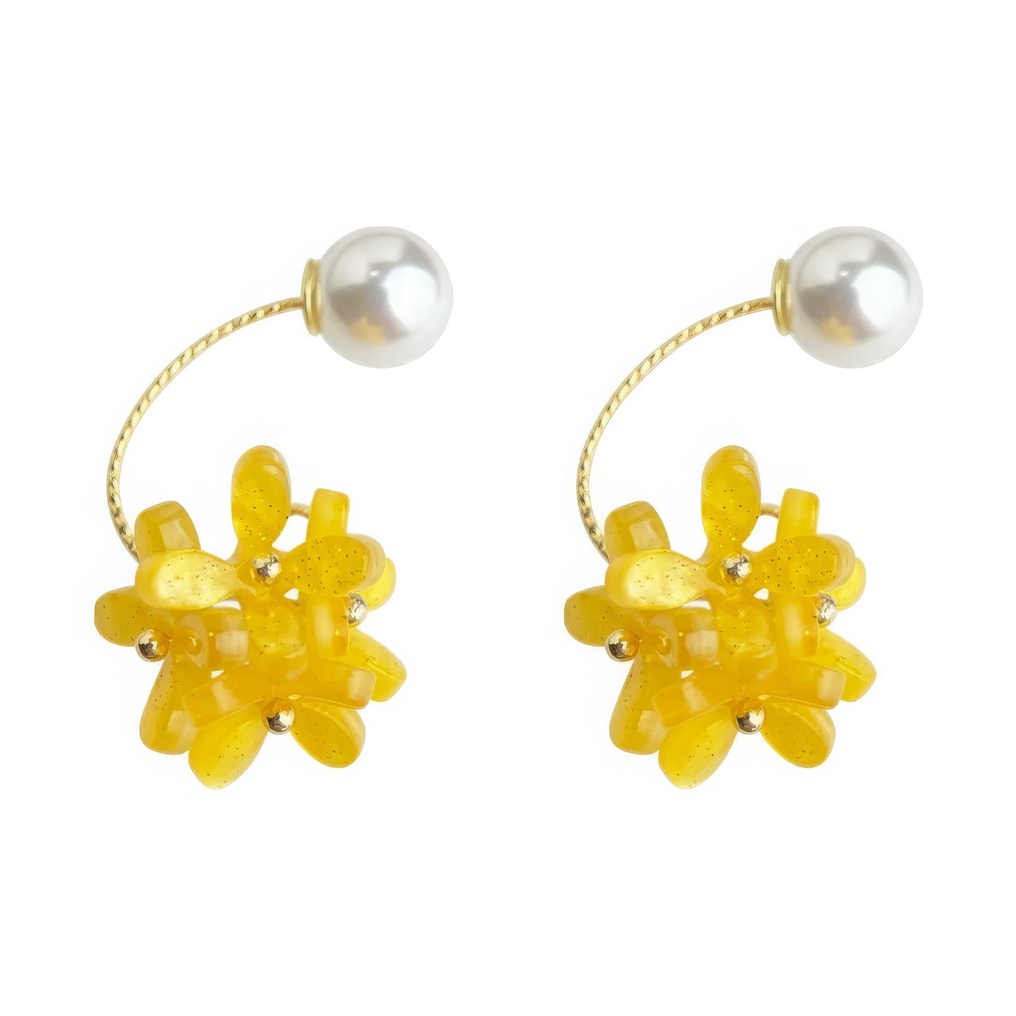 Pair of yellow acrylic floral earrings with pearl accents, isolated on white background, highlighting the detailed flower petals and pearl charm
