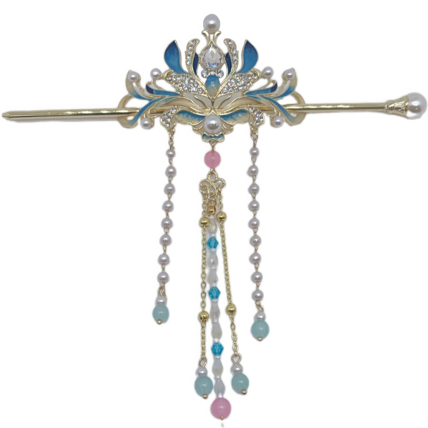 Blue lotus enamel hairpin with pearl tassels, traditional Chinese style.