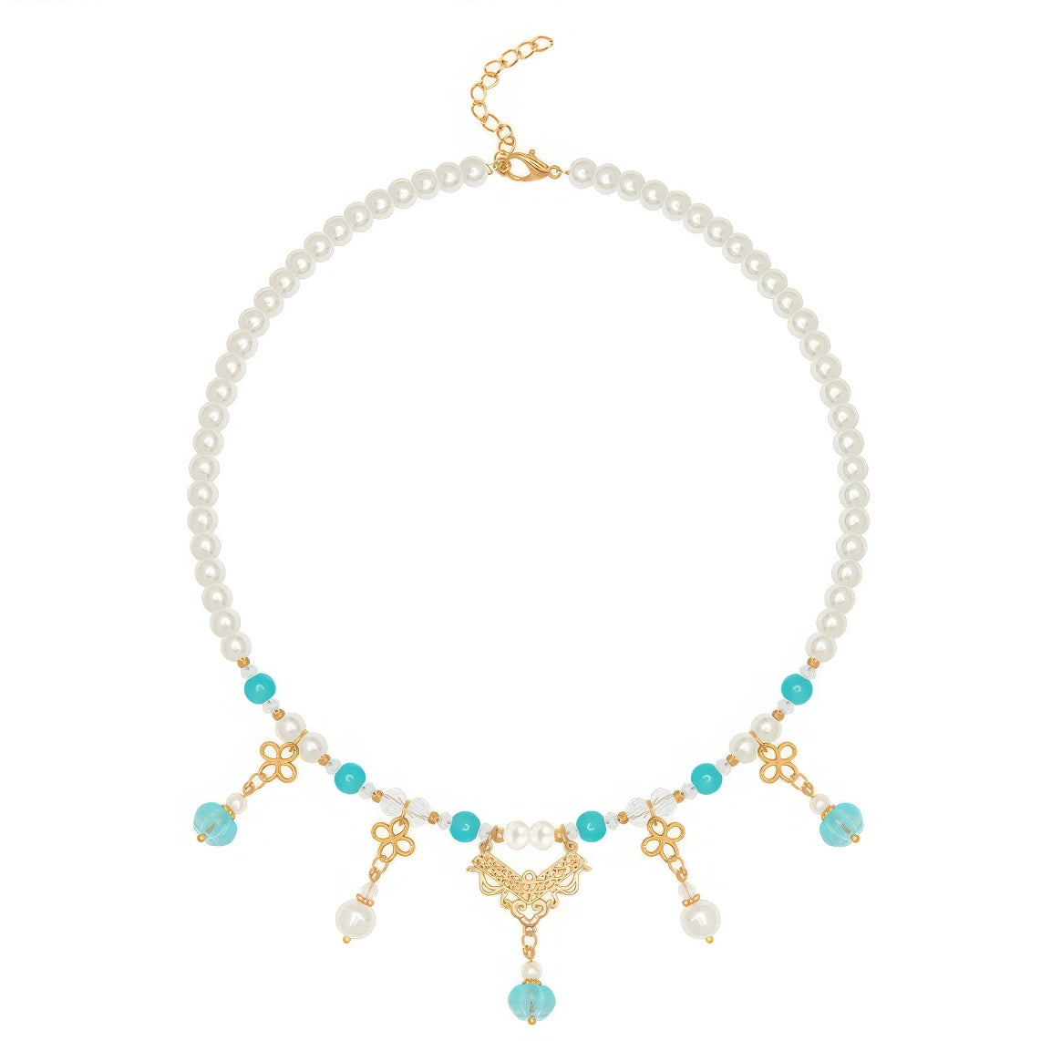 Blue pumpkin bead necklace with pearls and gold details, isolated on white background