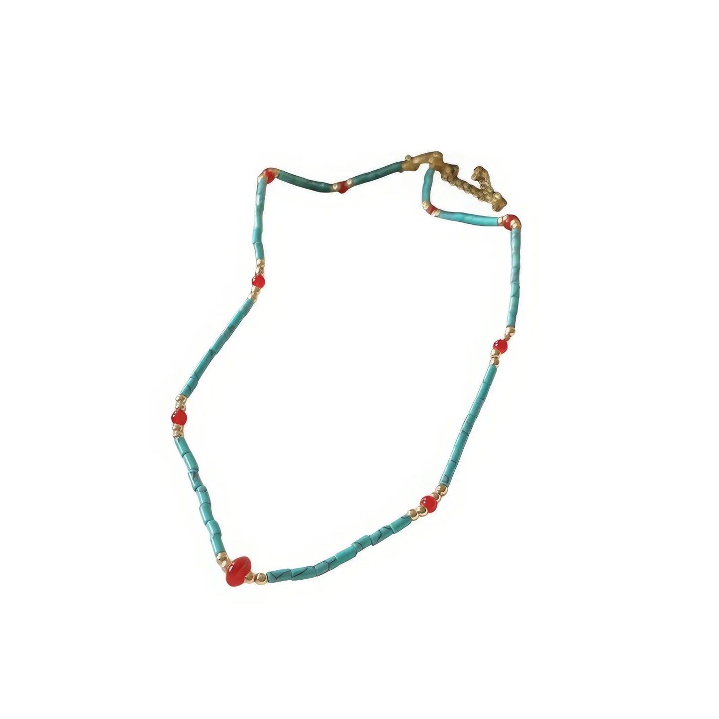 Isolated bohemian stone bead necklace, turquoise and red beads, gold - toned chain