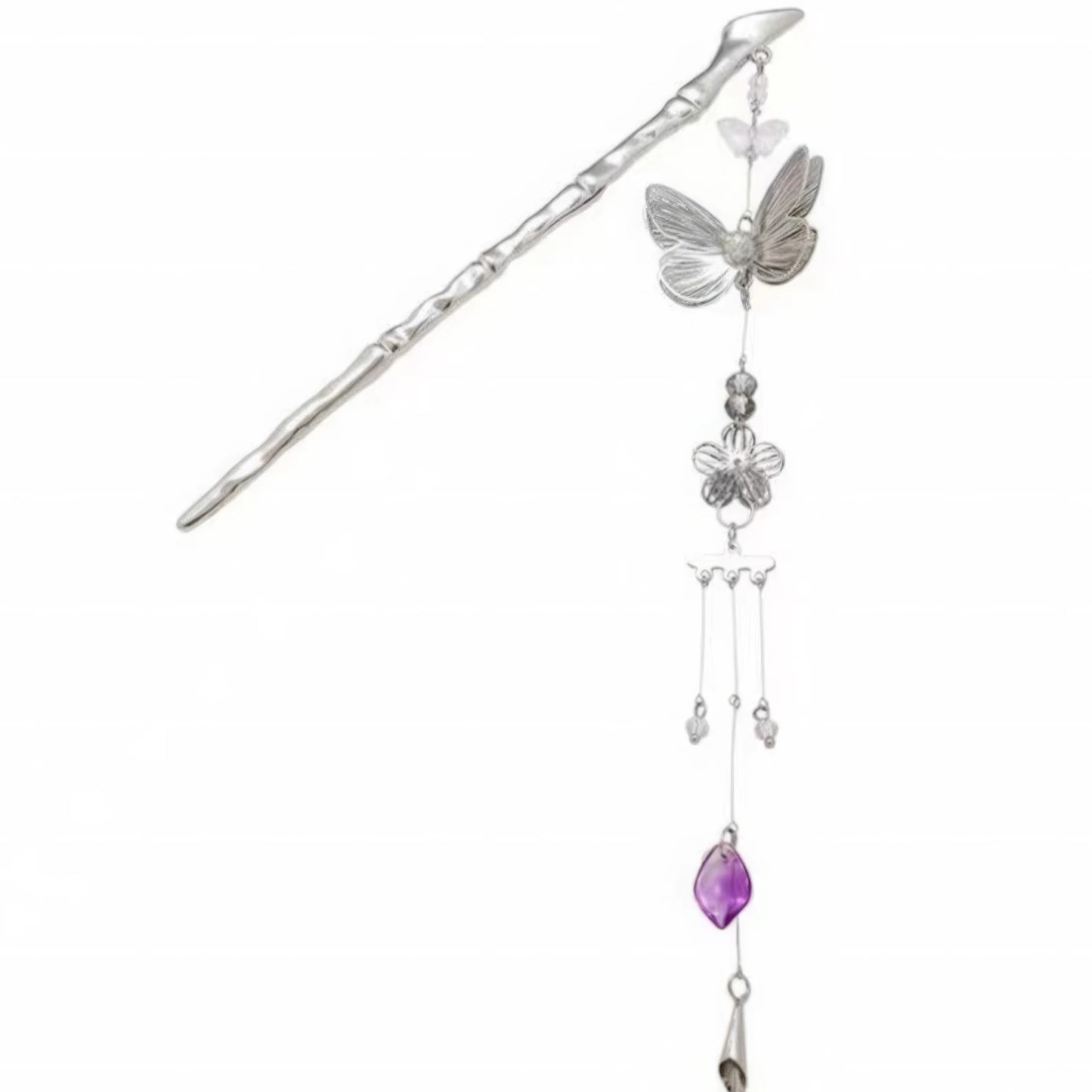 Silver butterfly amethyst tassel hairpin isolated on white background