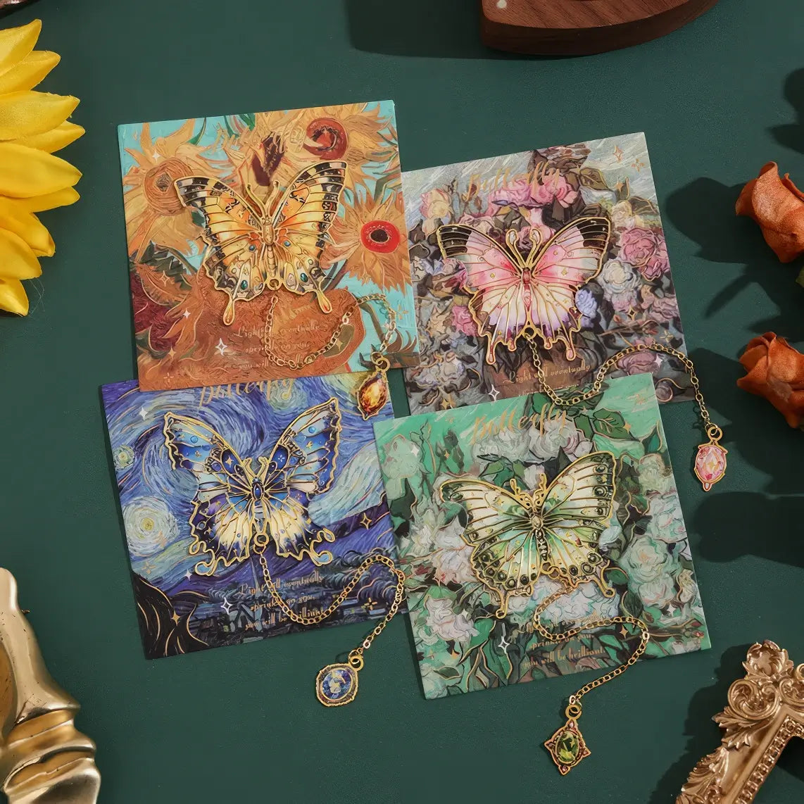Butterfly in painting series oil painting bookmarks, multiple designs, displayed on open books with sunflowers in background