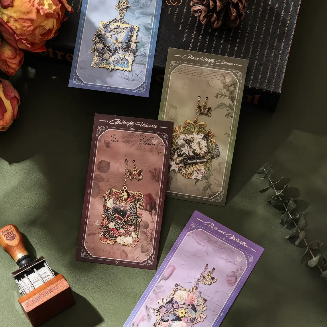 Butterfly - shaped metal lattice bookmark placed on an open book, on a vintage - textured table with a flower, realistic product display style, 3:4 ratio