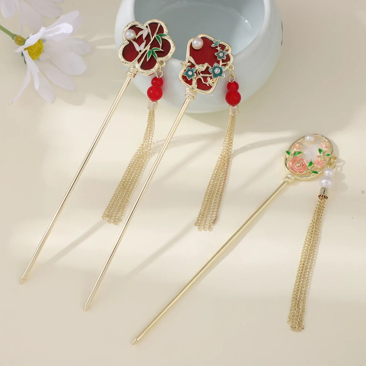 Set of Changanyi hairpins with various traditional designs and gold tassels