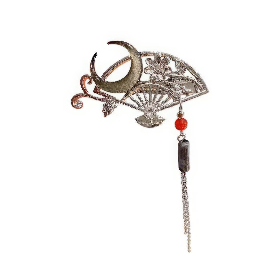 Crescent moon fan tassel hair clip with red bead isolated on white background