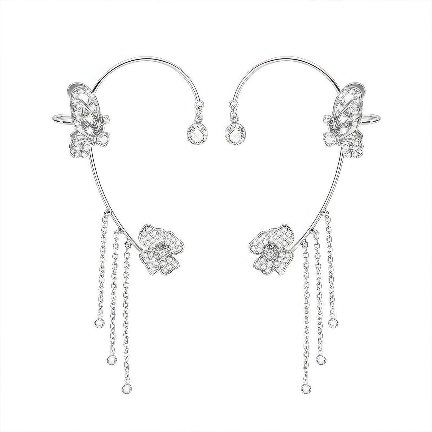 Silver diamond butterfly ear cuff, isolated on white, tassel - adorned butterfly design