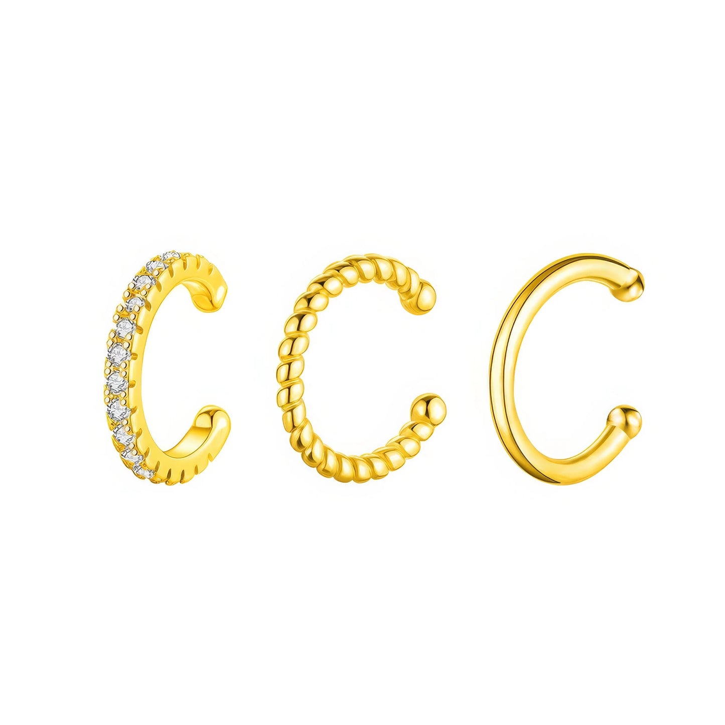 Set of gold diamond - row ear cuffs, isolated on white background, emphasizing variety in design