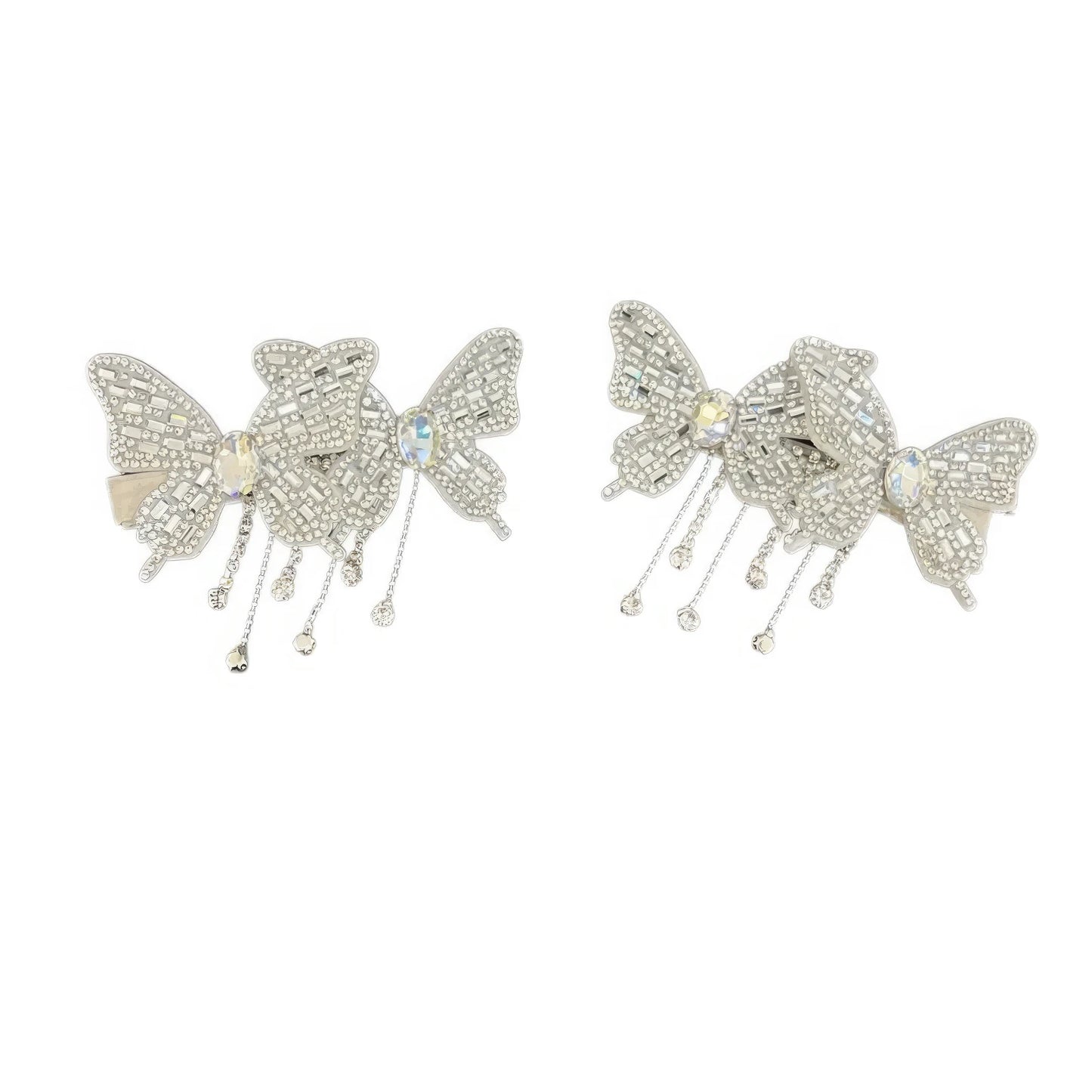 Silver double butterfly tassel hair clips isolated on white background