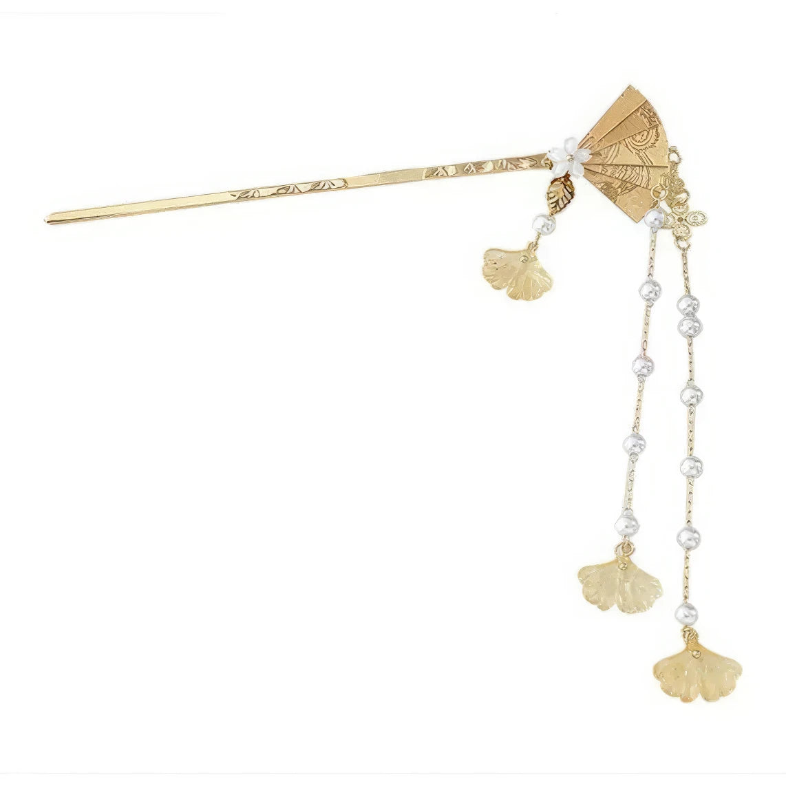 Gold fan - shaped hairpin with pearl and shell tassels, isolated on white background