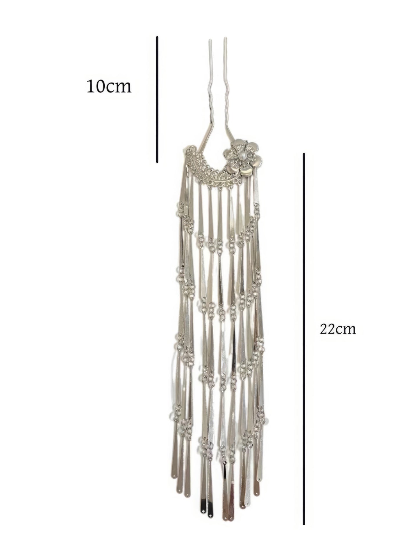 Diagram of silver flower wind chime step shake U - hairpin with size (10cm and 22cm)