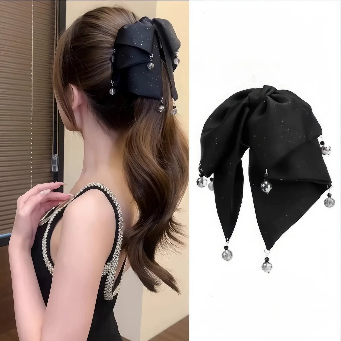 Black French bow transparent bead claw clip worn in a half - up hairstyle, dark clothing background, with another style shown
